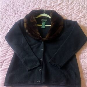 RALPH LAUREN Cardigan Black Wool Cashmere Rabbit Fur Collar.
